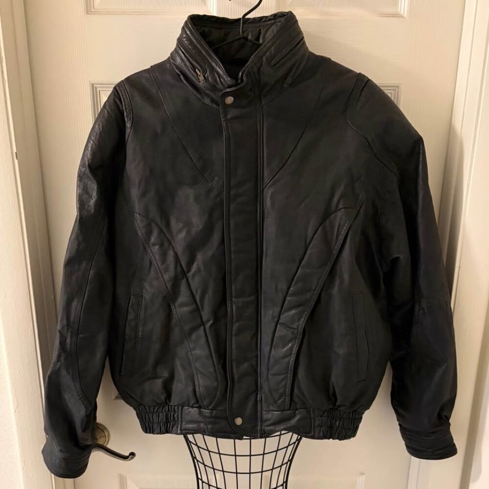 Vintage Retro Rage Mens Leather L Black Bomber Jacket 90s Y2K‎ Utility Pockets